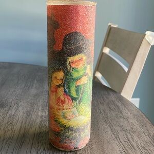 Vintage Sugar Frosted Pillar Candle Nativity Scene